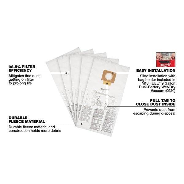 Fleece Dust Bags for M18 FUEL 9 Gallon Wet/Dry Shop Vacuum (5 pk)
