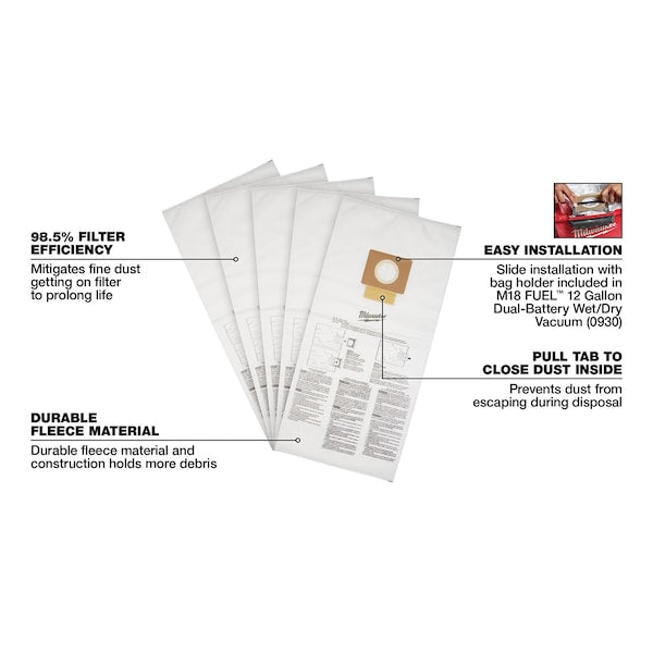 Fleece Dust Bags for M18 FUEL 12 Gallon Wet/Dry Shop Vacuums (5 pk)