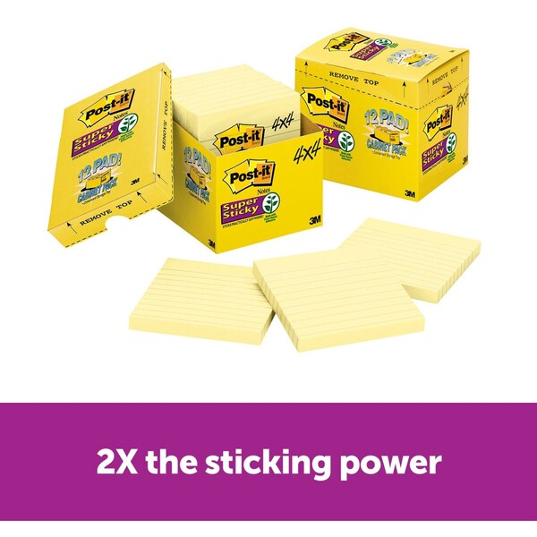 Super Sticky Notes, 4x4 In., Yellow, PK12