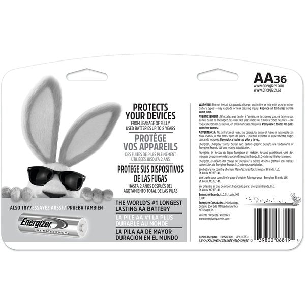 Energizer Max AA Alkaline Battery, 1.5V DC, 36 Pack