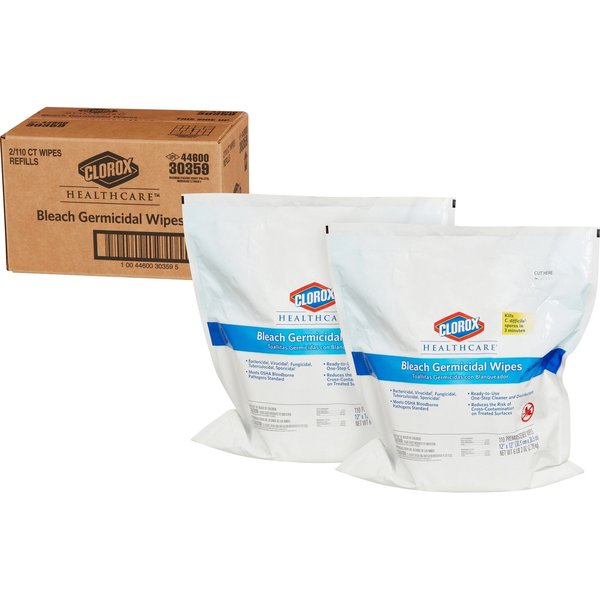Germicidal Disinfecting Wipes, White, Bag, Hard, Non Porous Surfaces, 2 PK, 110 Wipes, Bleach