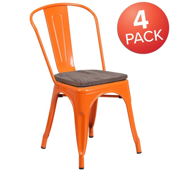 Orange Metal Stackable Chair with Wood Seat