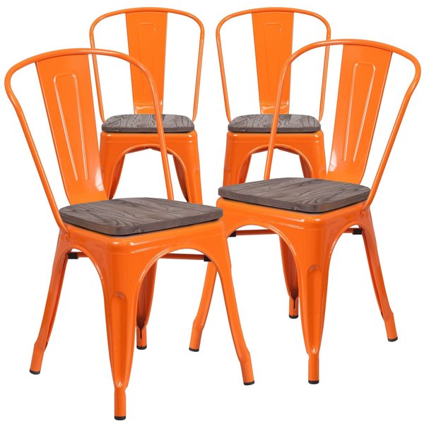 Orange Metal Stackable Chair with Wood Seat