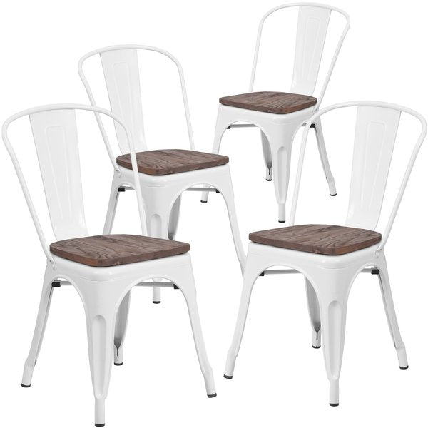 White Metal Stackable Chair with Wood Seat