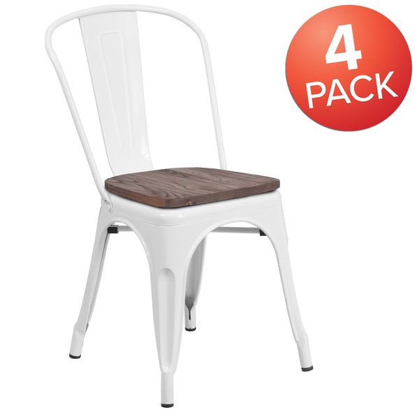 White Metal Stackable Chair with Wood Seat