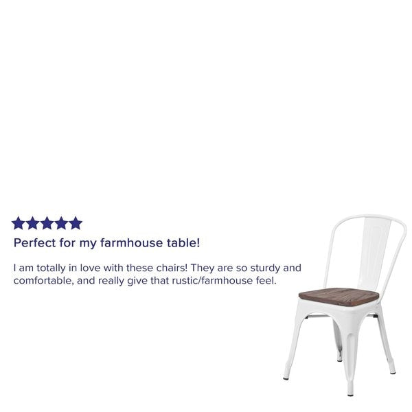 White Metal Stackable Chair with Wood Seat