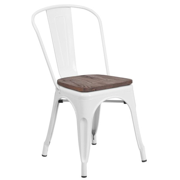White Metal Stackable Chair with Wood Seat