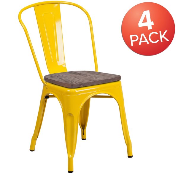 Yellow Metal Stackable Chair with Wood Seat