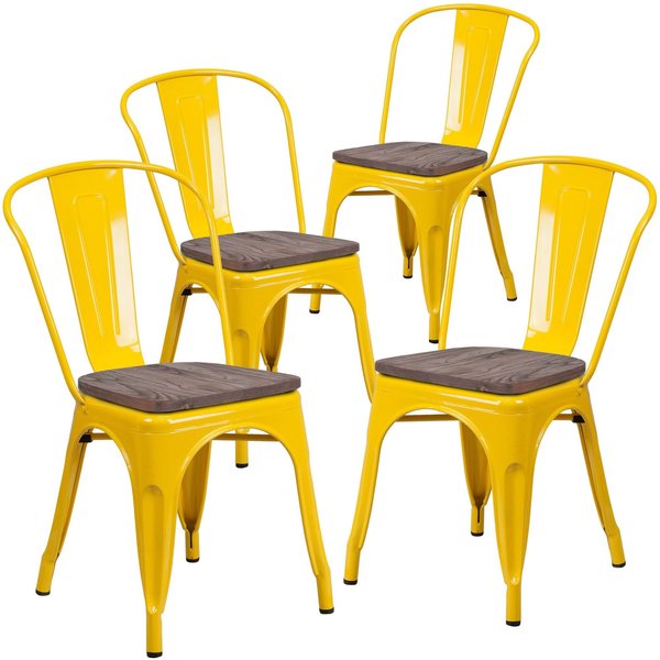 Yellow Metal Stackable Chair with Wood Seat