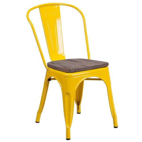 Yellow Metal Stackable Chair with Wood Seat