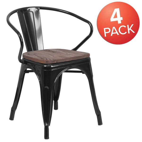 Black Metal Chair with Wood Seat and Arms