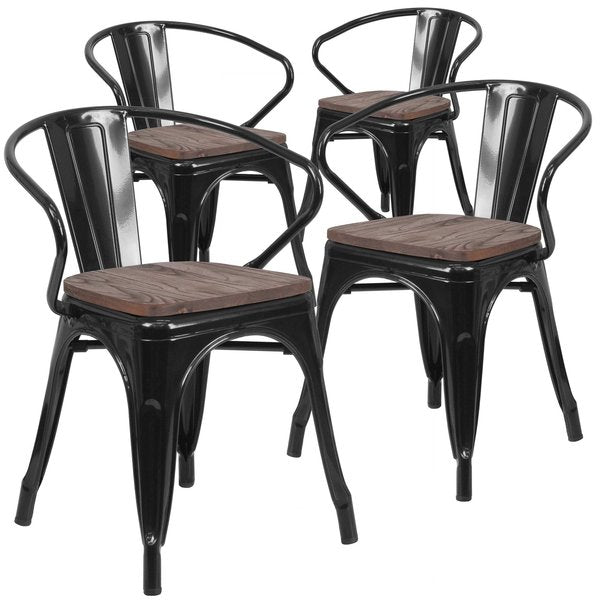 Black Metal Chair with Wood Seat and Arms
