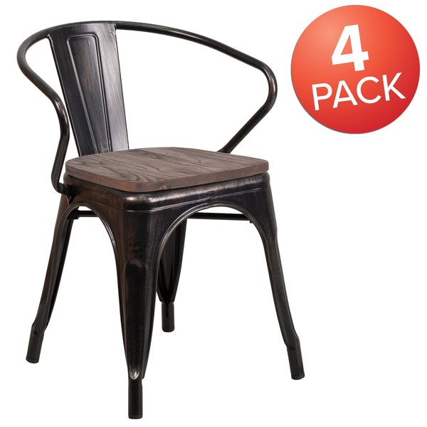 Black-Antique Gold Metal Chair with Wood Seat and Arms