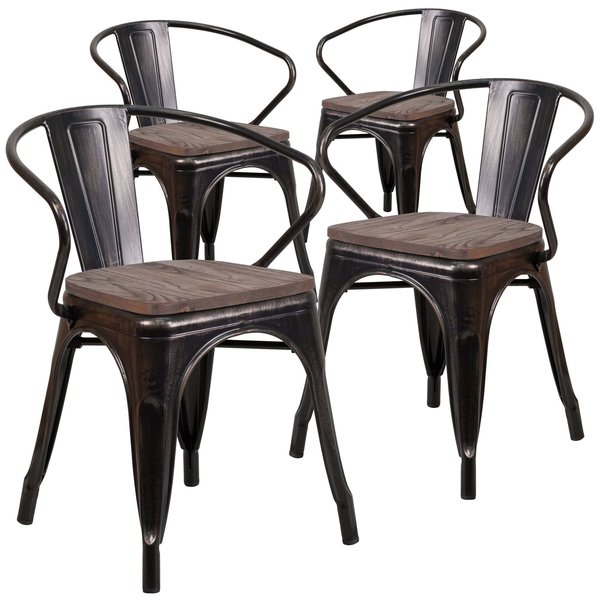Black-Antique Gold Metal Chair with Wood Seat and Arms