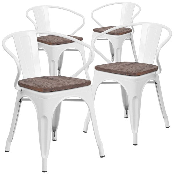 White Metal Chair with Wood Seat and Arms