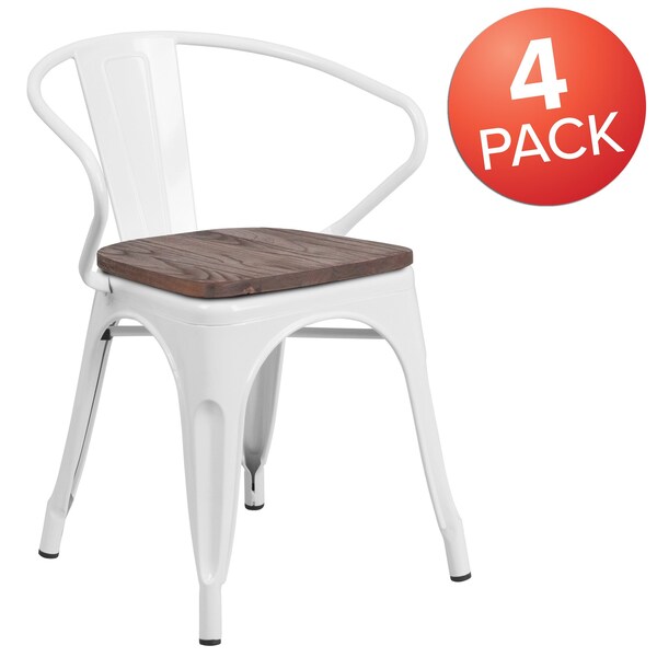 White Metal Chair with Wood Seat and Arms