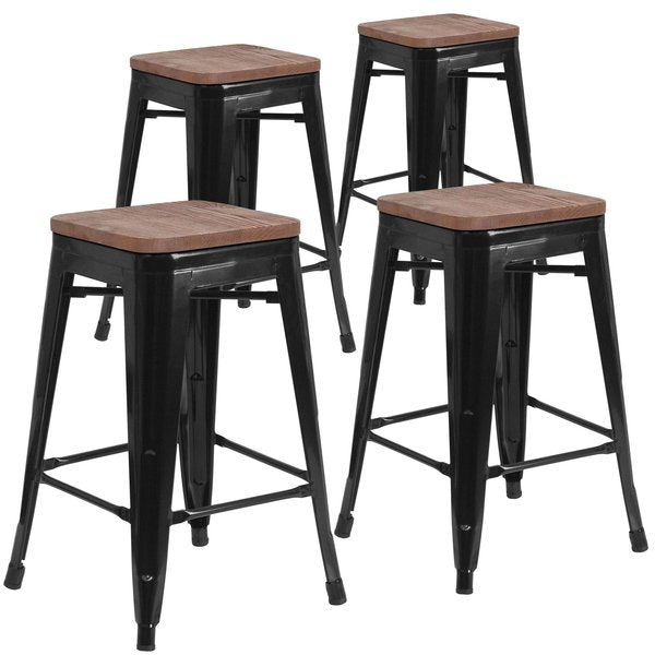 Black Backless Metal Stool, 24
