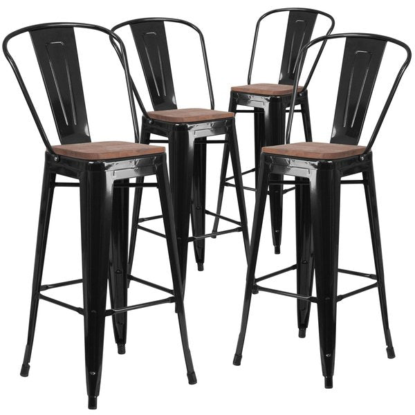Black Metal Barstool with Back and Wood Seat, 30
