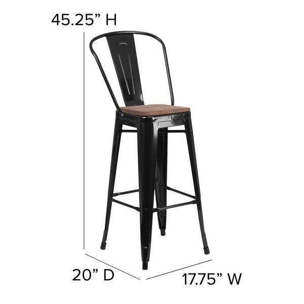 Black Metal Barstool with Back and Wood Seat, 30