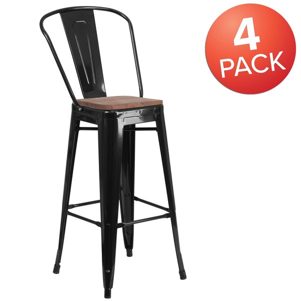 Black Metal Barstool with Back and Wood Seat, 30