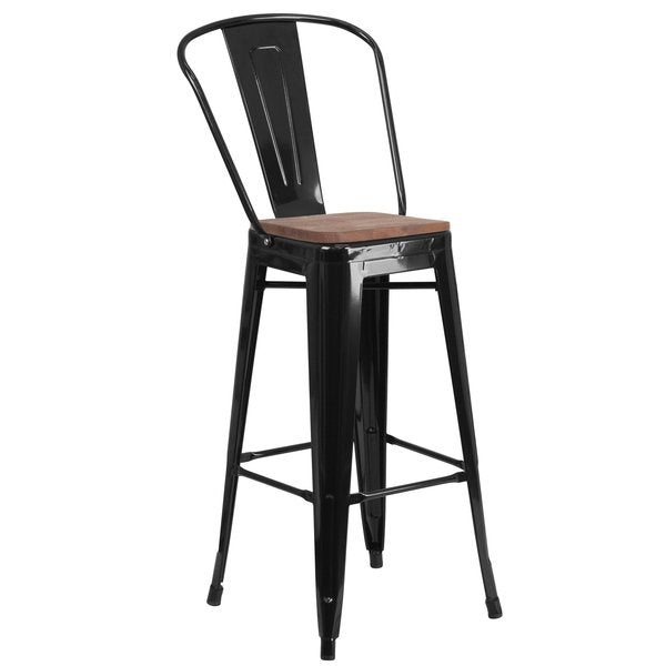 Black Metal Barstool with Back and Wood Seat, 30
