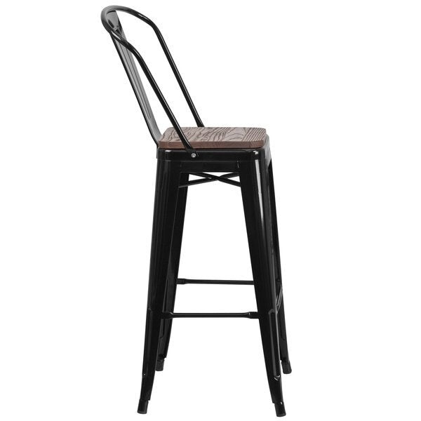 Black Metal Barstool with Back and Wood Seat, 30