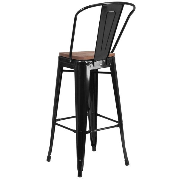 Black Metal Barstool with Back and Wood Seat, 30