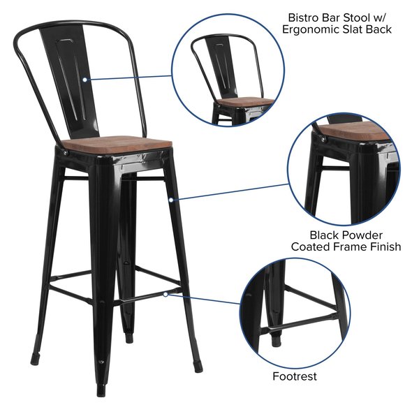 Black Metal Barstool with Back and Wood Seat, 30