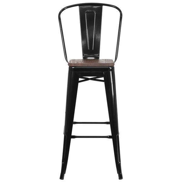 Black Metal Barstool with Back and Wood Seat, 30