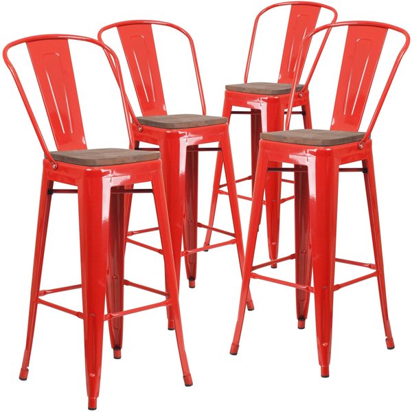Red Metal Barstool with Back and Wood Seat, 30