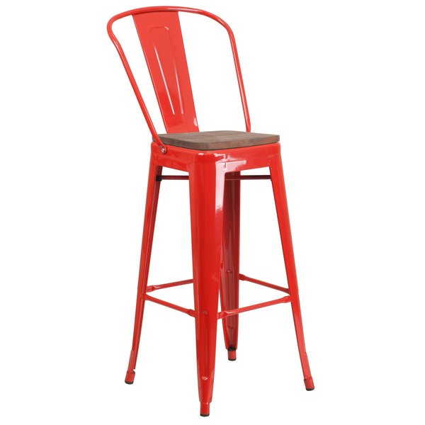 Red Metal Barstool with Back and Wood Seat, 30