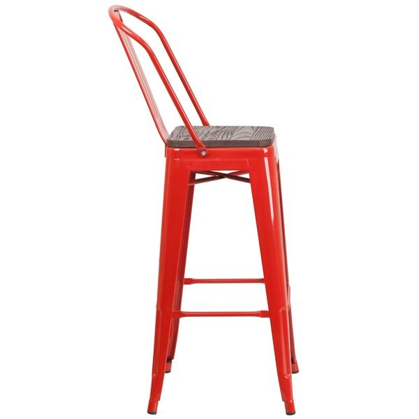 Red Metal Barstool with Back and Wood Seat, 30