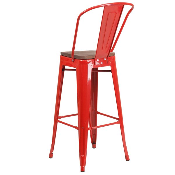 Red Metal Barstool with Back and Wood Seat, 30