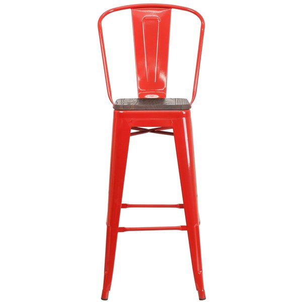 Red Metal Barstool with Back and Wood Seat, 30