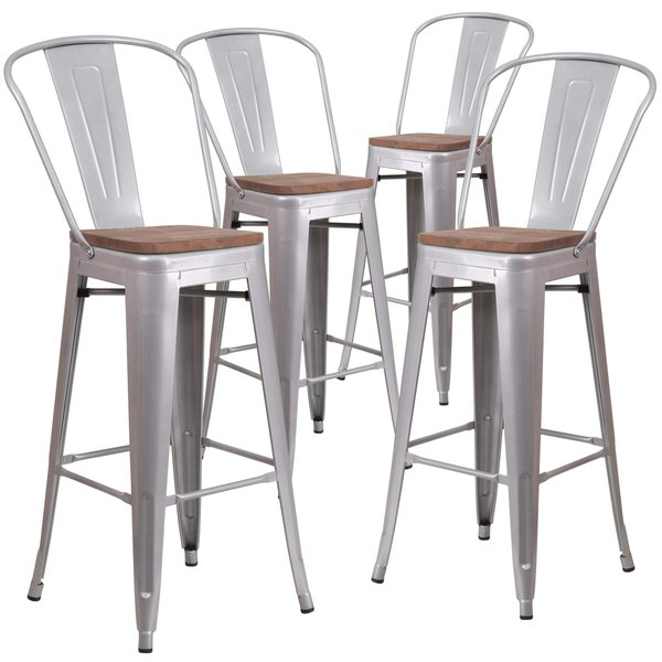 Silver Metal Barstool with Back and Wood Seat, 30