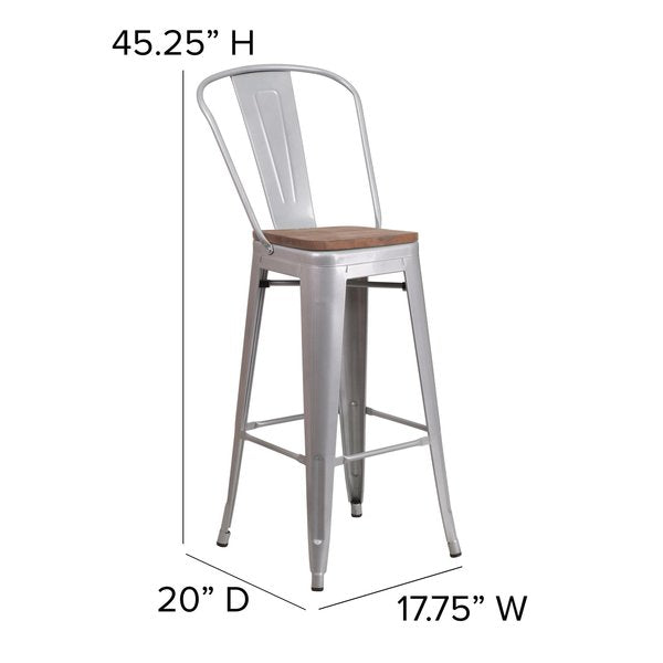 Silver Metal Barstool with Back and Wood Seat, 30