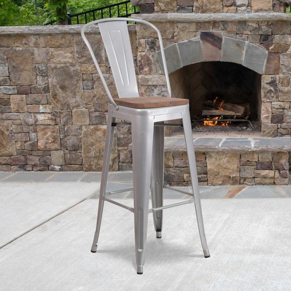 Silver Metal Barstool with Back and Wood Seat, 30