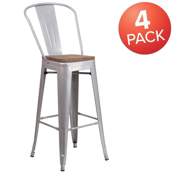 Silver Metal Barstool with Back and Wood Seat, 30
