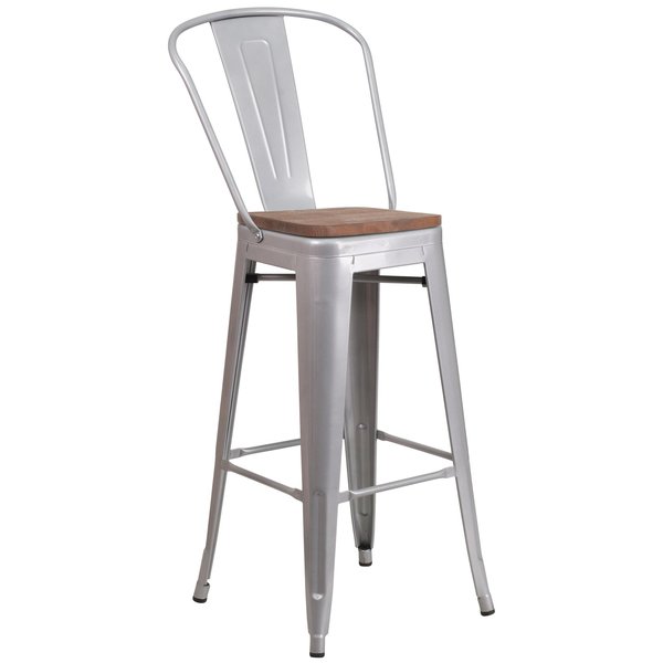 Silver Metal Barstool with Back and Wood Seat, 30