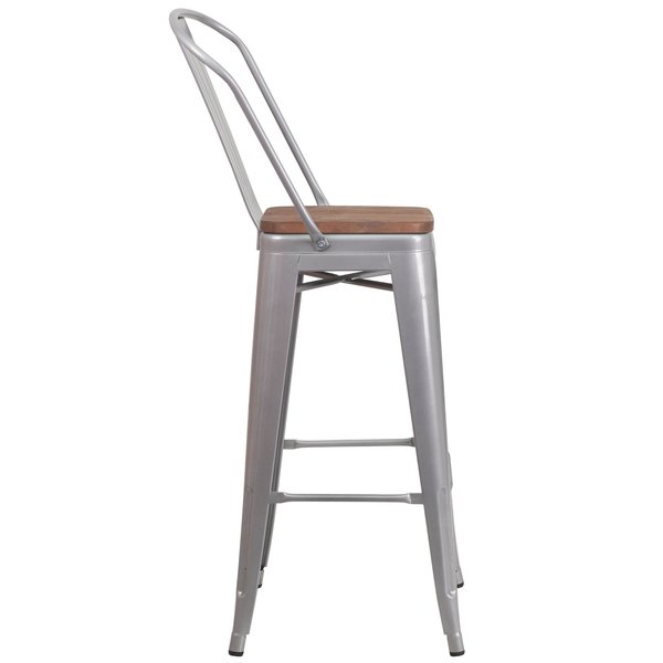 Silver Metal Barstool with Back and Wood Seat, 30