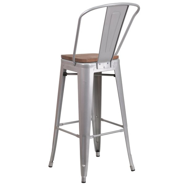Silver Metal Barstool with Back and Wood Seat, 30