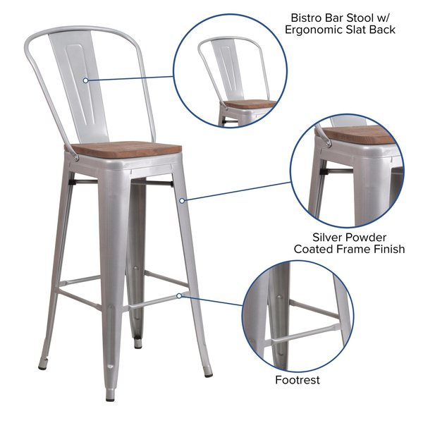 Silver Metal Barstool with Back and Wood Seat, 30