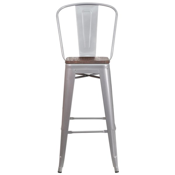 Silver Metal Barstool with Back and Wood Seat, 30