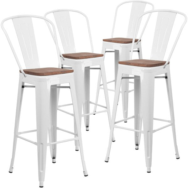 White Metal Barstool with Back and Wood Seat, 30