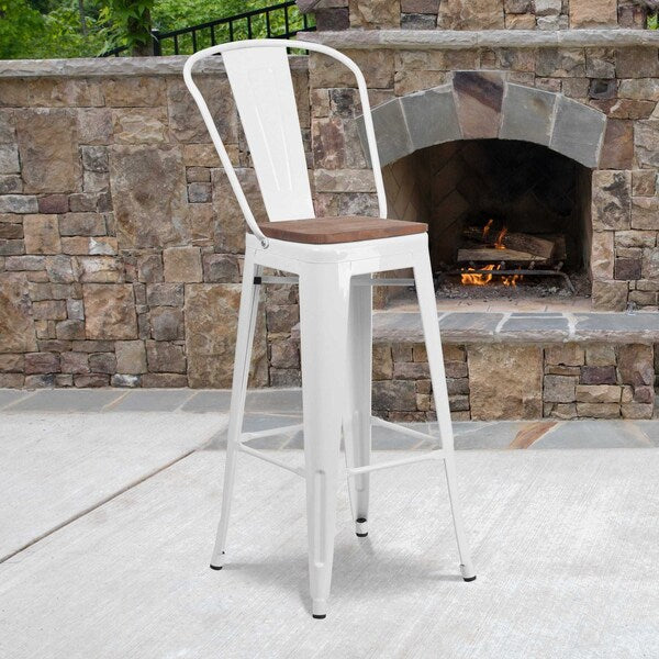 White Metal Barstool with Back and Wood Seat, 30