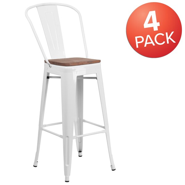 White Metal Barstool with Back and Wood Seat, 30