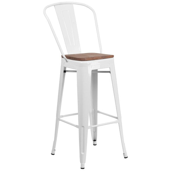 White Metal Barstool with Back and Wood Seat, 30