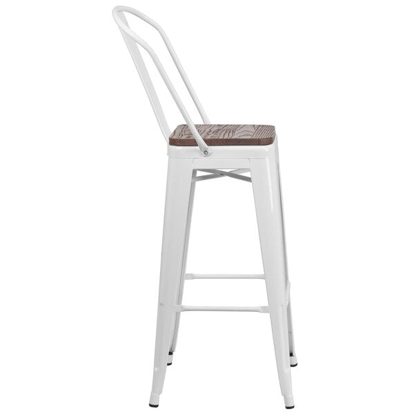 White Metal Barstool with Back and Wood Seat, 30