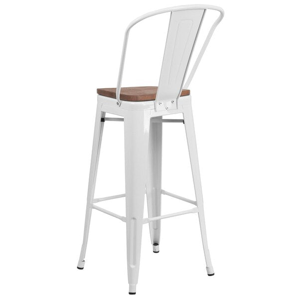 White Metal Barstool with Back and Wood Seat, 30