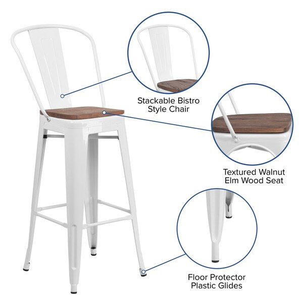 White Metal Barstool with Back and Wood Seat, 30